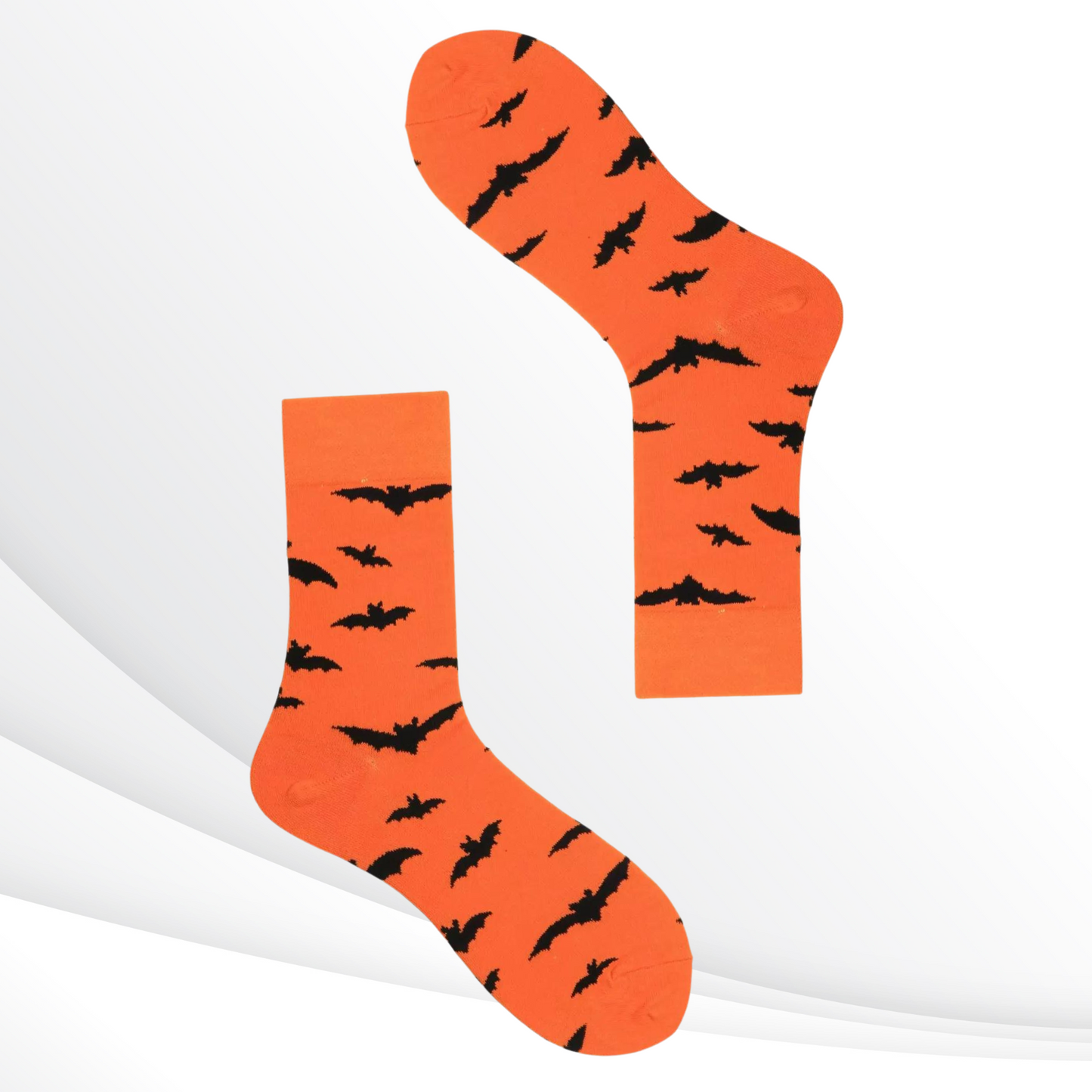 Spooky Bats Orange Halloween Calf Socks with Black Bat Design