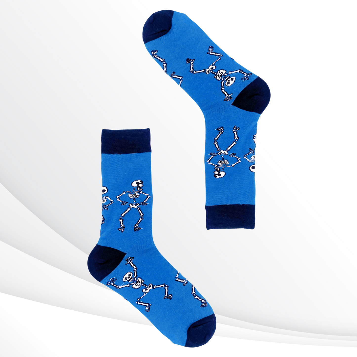 Dancing Skeletons Blue Halloween Calf Socks with Navy Blue Accents