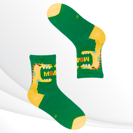 Playful Bite Me Dino Crew Socks - Green & Yellow Cartoon Dinosaur Design