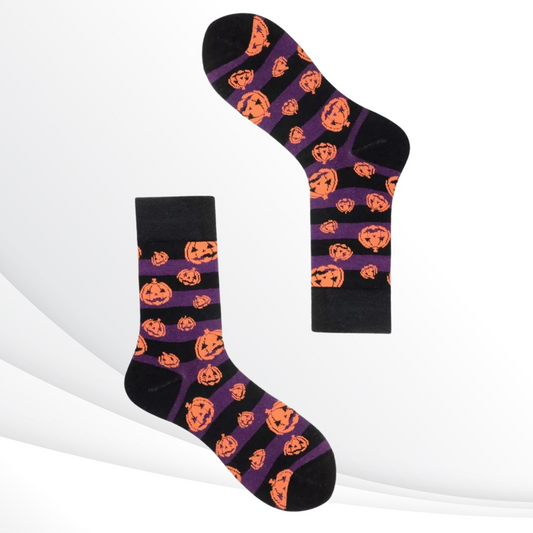 Pumpkin Patch Orange and Black Halloween Calf Socks with Alternating Stripes and Pumpkin Face