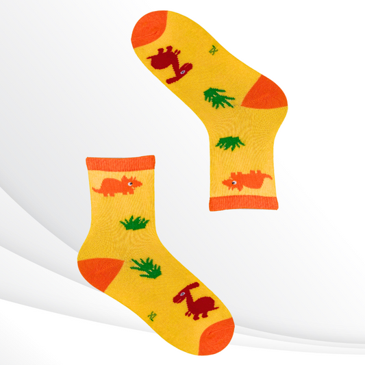 Colorful Dinosaur Crew Socks - Yellow with Triceratops and Parasaurolophus Design