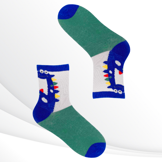 Playful Color Dinosaur Crew Socks - Green Foot with Colorful Back Triangles