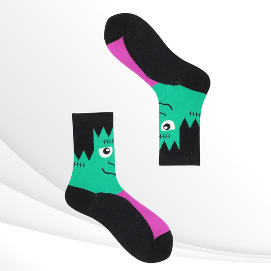 Frankenstein's Stitches Halloween Calf Socks with Iconic Cartoon Design